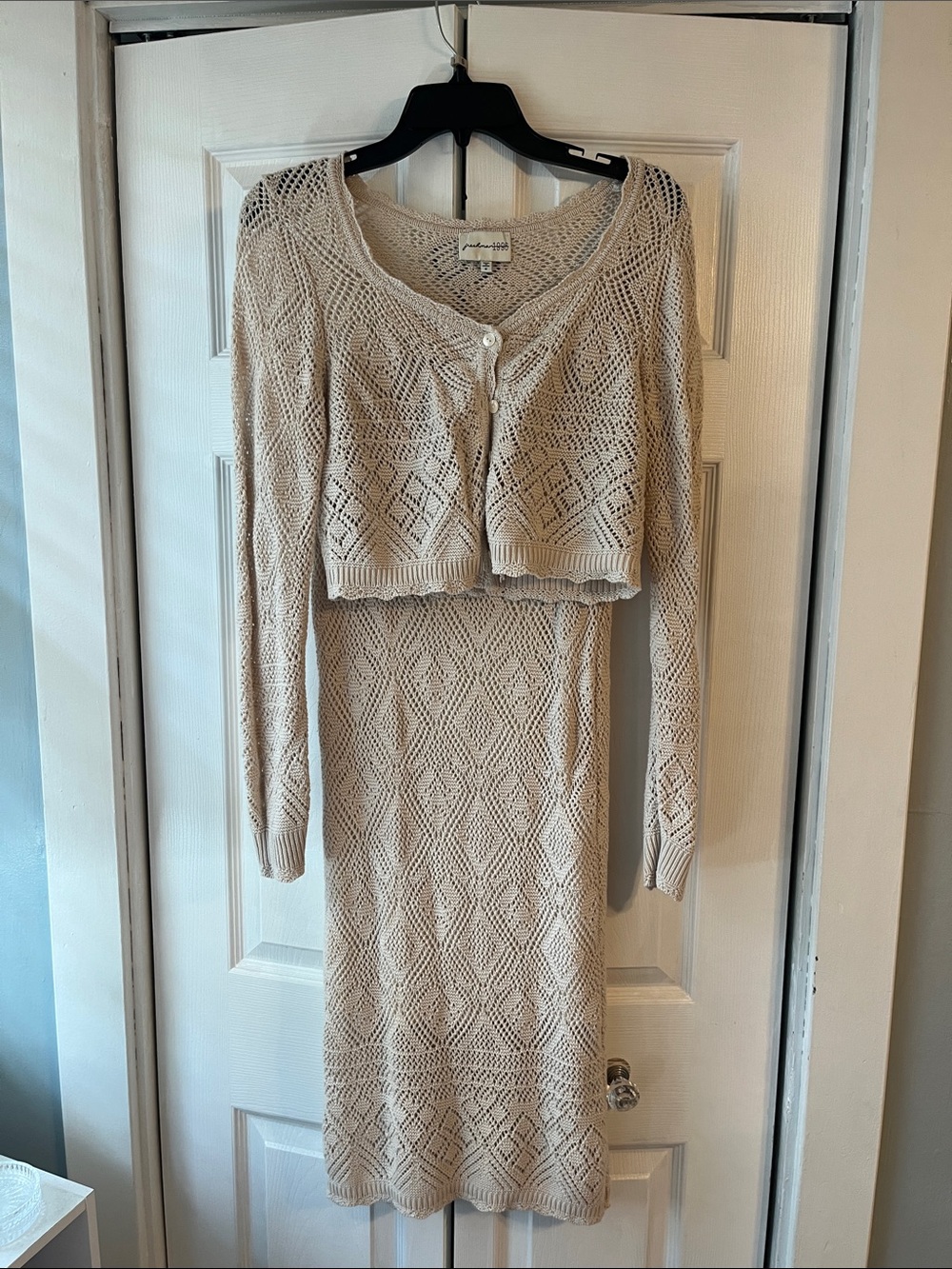 Crochet Knit Cream Two-Piece Skirt Set - Lightweight Long Sleeve